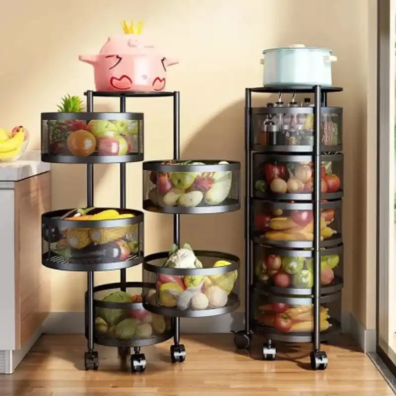 Steel 5 Layers Kitchen Rotating Shelf 360 Degree Baskets Fruit Vegetable Storage Rack Floor Round Shelf with Wheels