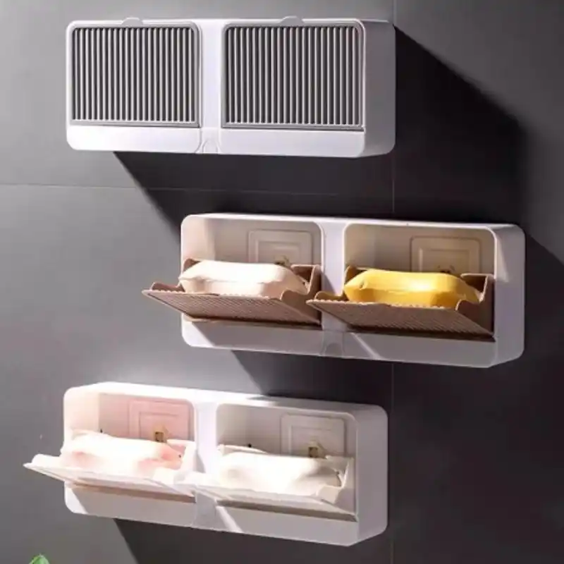 Creative Double Wall Hanging Soap Box With Lid Double Grids Draining Rack Soap Sponge Holder Organizer Bathroom Accessories